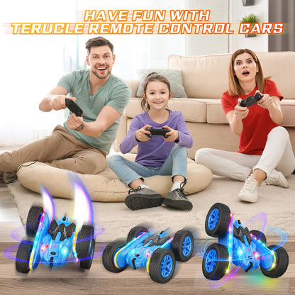 Terucle Remote Control Car, Rc Cars Stunt Kids Toys New Upgraded Strip Lights and Headlights Double-Sided 360° Rotating 4WD Drift Truck for Boys Girls Birthday Gift (Blue)