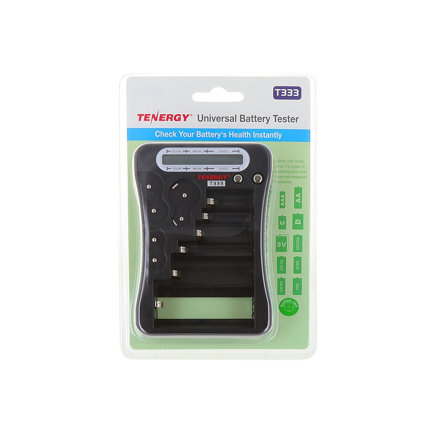 Tenergy T-333 Universal Battery Tester, LCD Display, Cell Checker, Multi-Purpose Small Battery Tester, for AA, AAA, C, D, 9V, CR123A, CR2, CRV3, 2CR5k CRP2, and Button Cell Batteries