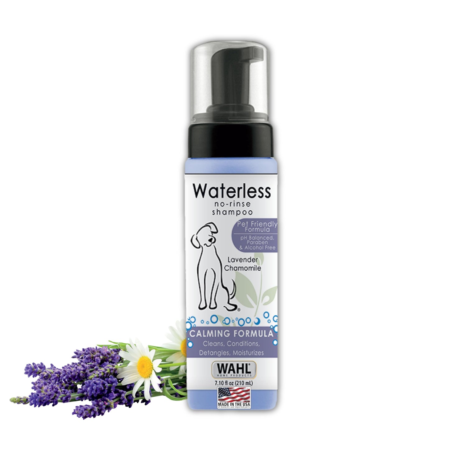 Wahl USA Pet Friendly Waterless No Rinse Shampoo for Animals – Lavender & Chamomile Scented - Cleaning, Conditioning, Detangling, & Moisturizing Shampoo for Dogs – 7.1 Oz - Model 820014A