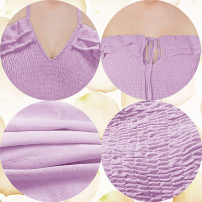 SAUKOLE Women's Summer Sleeveless Strapless Ruffle Off The Shoulder Smocked Swing Cocktail Party Dress Purple