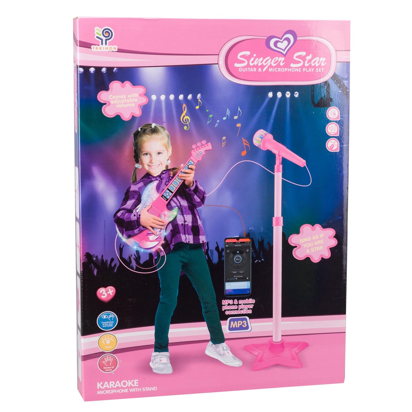 TAKIHON Guitar and Microphone Set for Kids,Guitar Toys with Music&Colorful Light,Adjustable Height Microphone with Stand,Karaoke Toys Gift for Boy,Girls,Toddlers(Red)-Upgraded