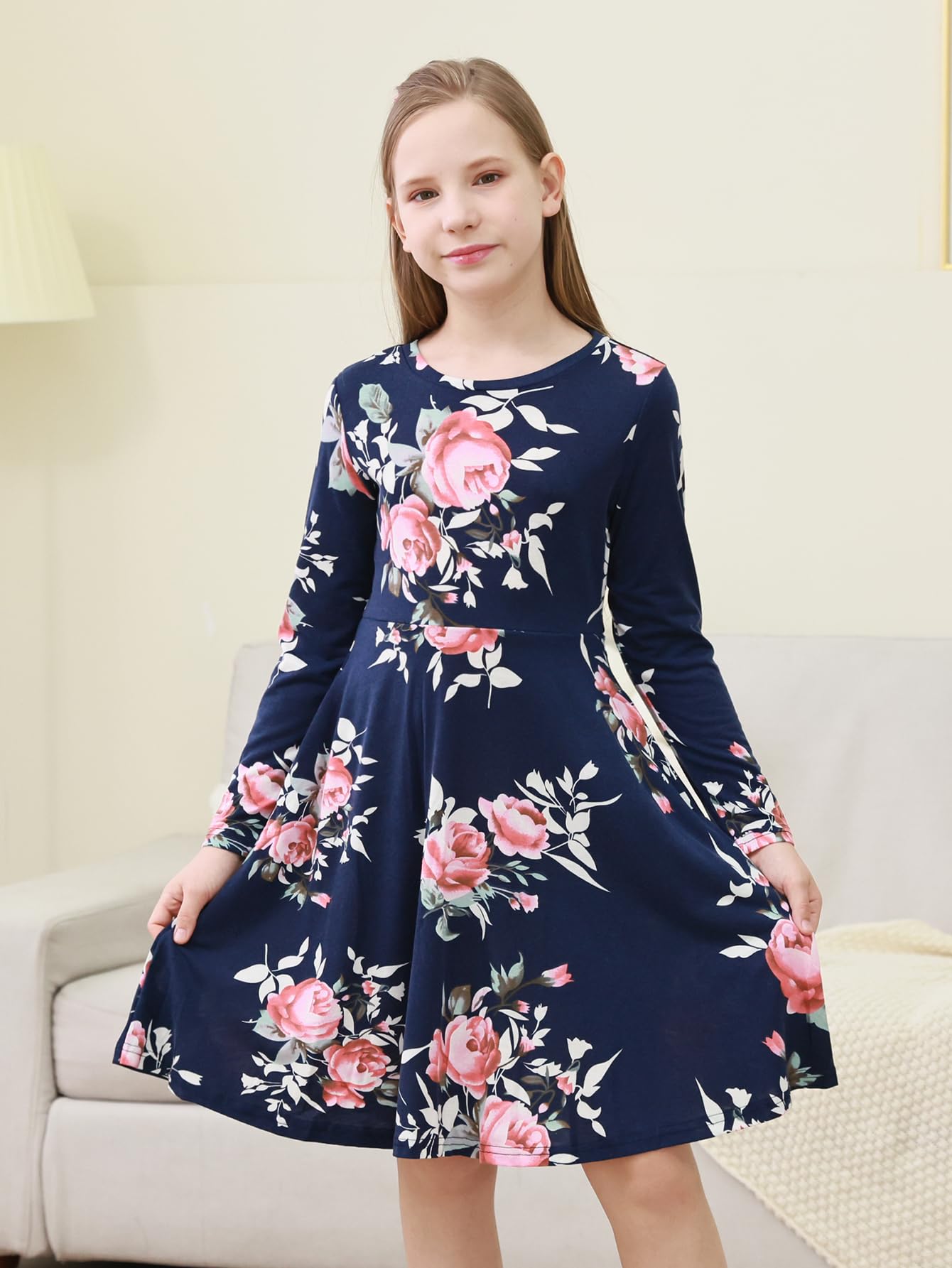 GORLYA Girls Short Sleeve Floral Print Casual Fit and Flare Party Dress with Pockets 4-12 Years (GA1002,10Y,NavyPrint-L)