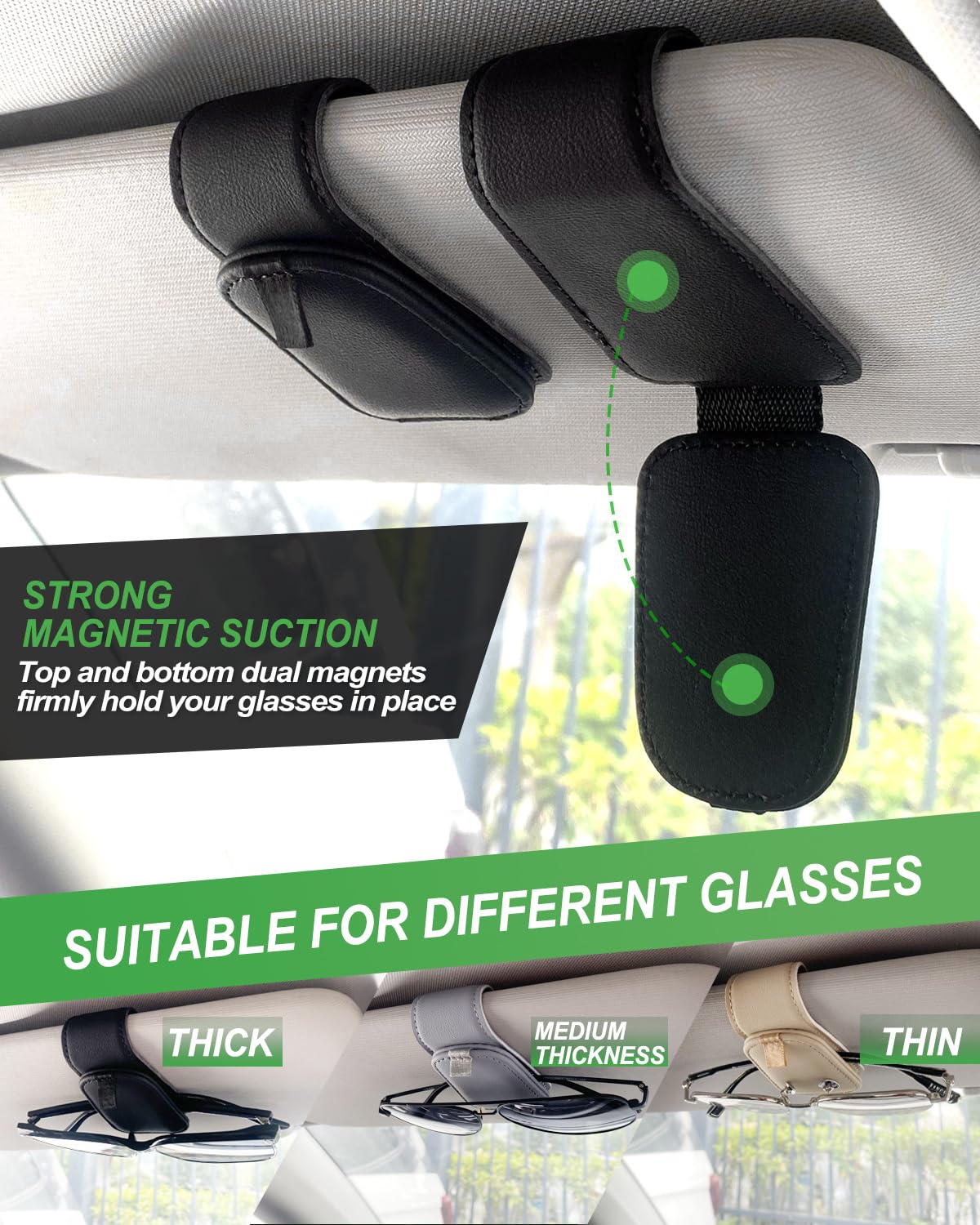 Teoenix Sunglass Holder for Car, 2 Pack Car Sunglass Holder Visor Clip Magnetic Leather Sun Glasses Eyeglass Hanger, Black, Fit for Different Size Eyeglasses