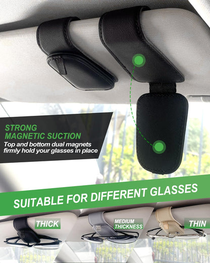 Teoenix Sunglass Holder for Car, 2 Pack Car Sunglass Holder Visor Clip Magnetic Leather Sun Glasses Eyeglass Hanger, Black, Fit for Different Size Eyeglasses