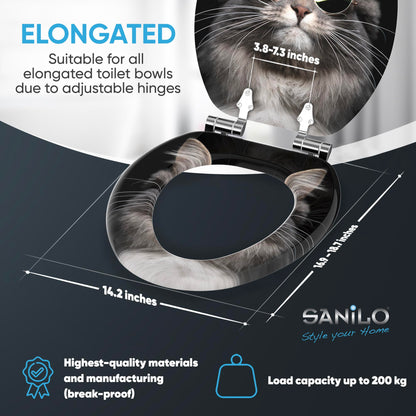 Sanilo Soft Close Toilet Seat ELONGATED, Quiet and Slow Close Lid and Seat, Strong Bumpers and Hinges (Cool Cat)