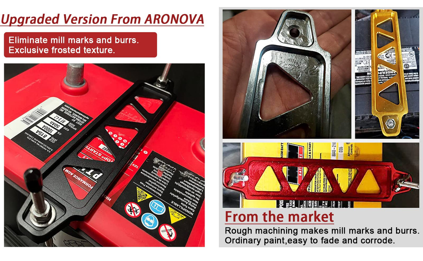 ARONOVA Battery Hold Down Sets,With Billet Aluminum Battery Tie Down Bracket and 18-8(304) Stainless Steel J bolts (Red, 10 inch bolts)