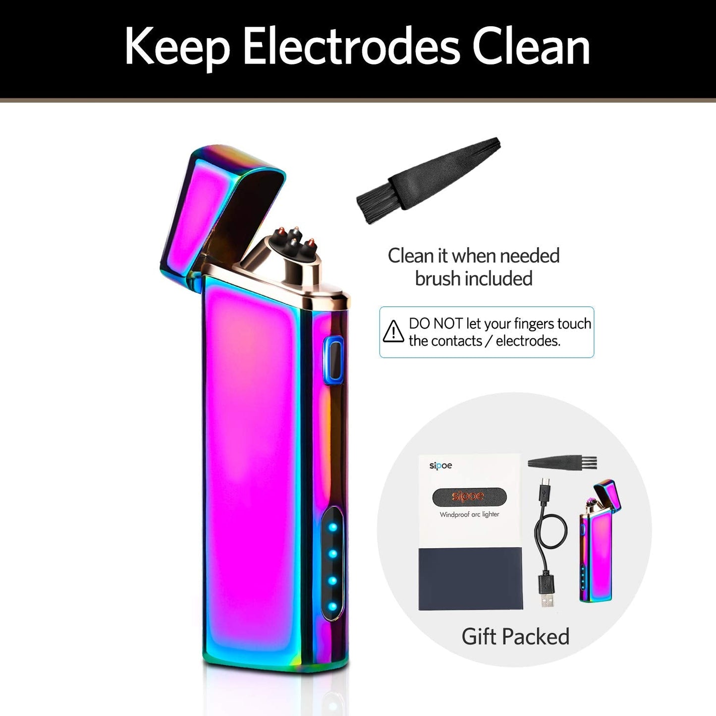 Electric Arc Windproof Plasma Lighter - USB Rechargeable, Upgraded Battery Indicator - Multichrome