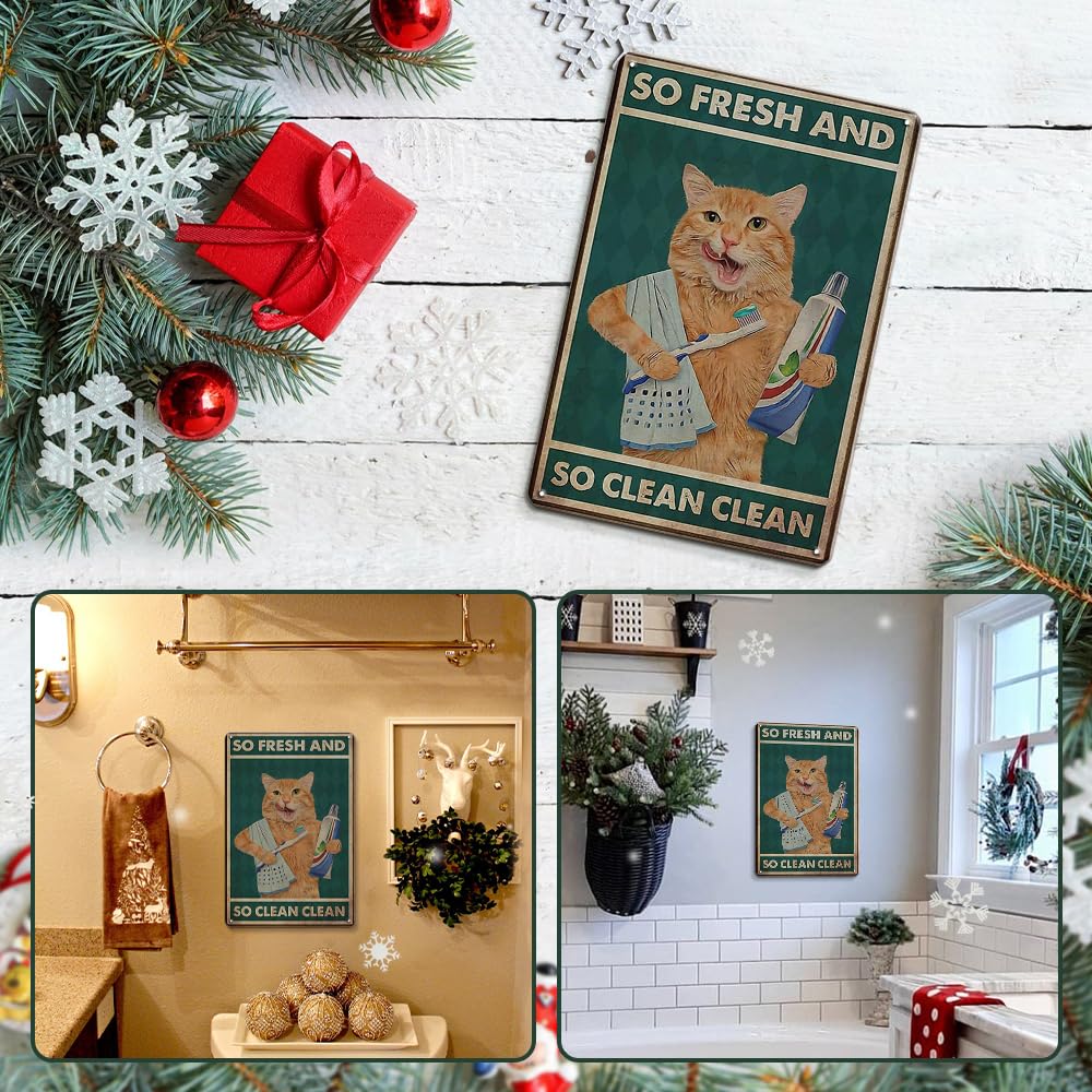 Cat Bathroom Wall Decor Cat Signs Gifts for Cat Lovers, Orange Cat Brushing Teeth And Washing Face Bathroom Decor Weird Stuff, 12x8 Inches Cat Decor Funny Bathroom Signs