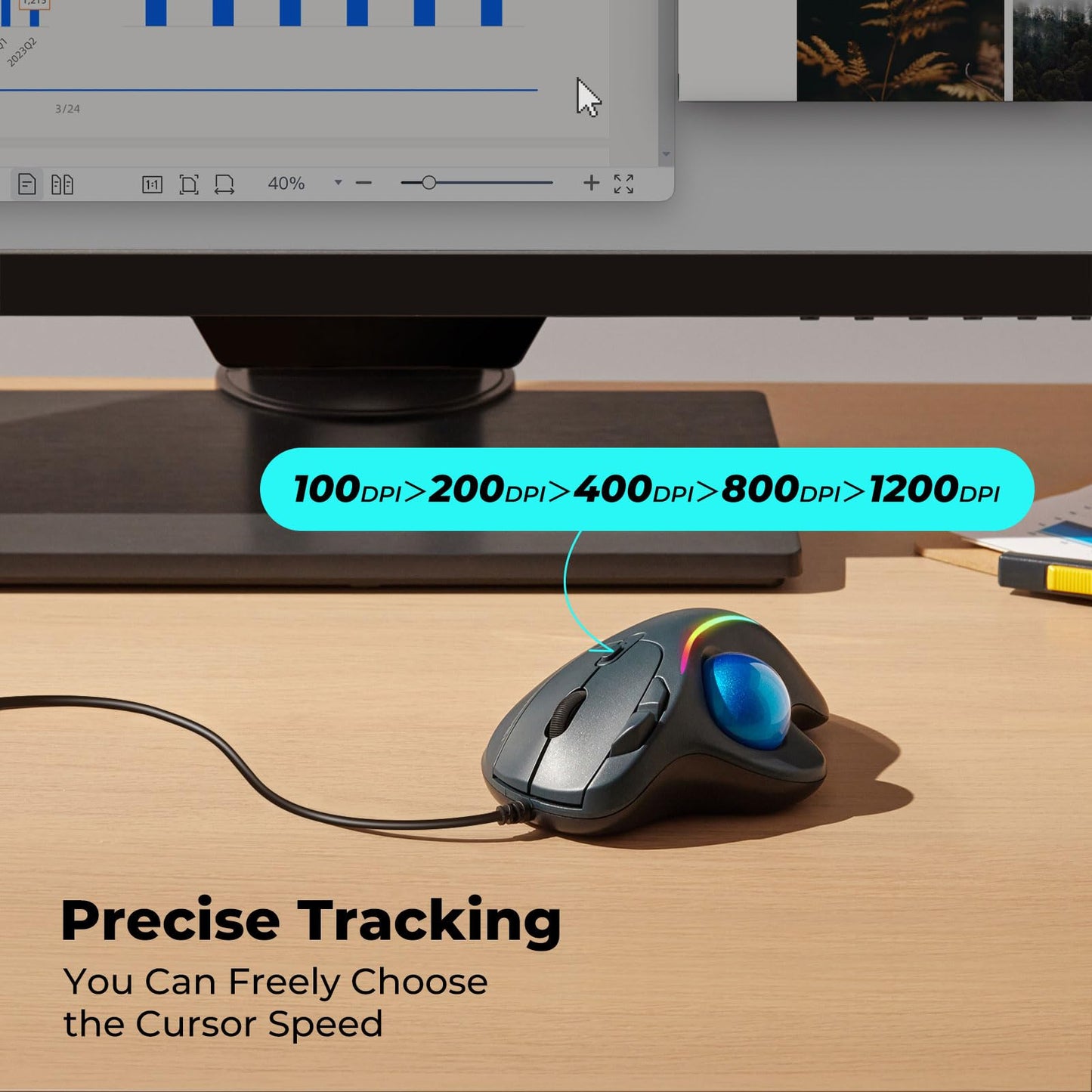 Wired Trackball Mouse with RGB Lighting, Ergonomic Thumb Control to Reduce Muscle Strain, 5 Adjustable DPI Settings, Dual USB-C & USB-A Connectivity, Compatible with PC, Laptop, Mac, Windows-Blue