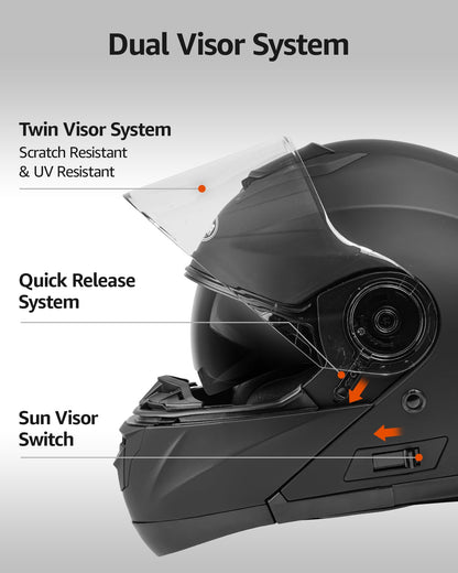 YEMA Modular Motorcycle Helmets, DOT Approved Full Face Motorcycle Helmet with Flip Up Dual Visor, Helmets for Adults Men Women Helmets for Street Scooter ATV E-Bike - YM-926 (Matte Black, XXL)