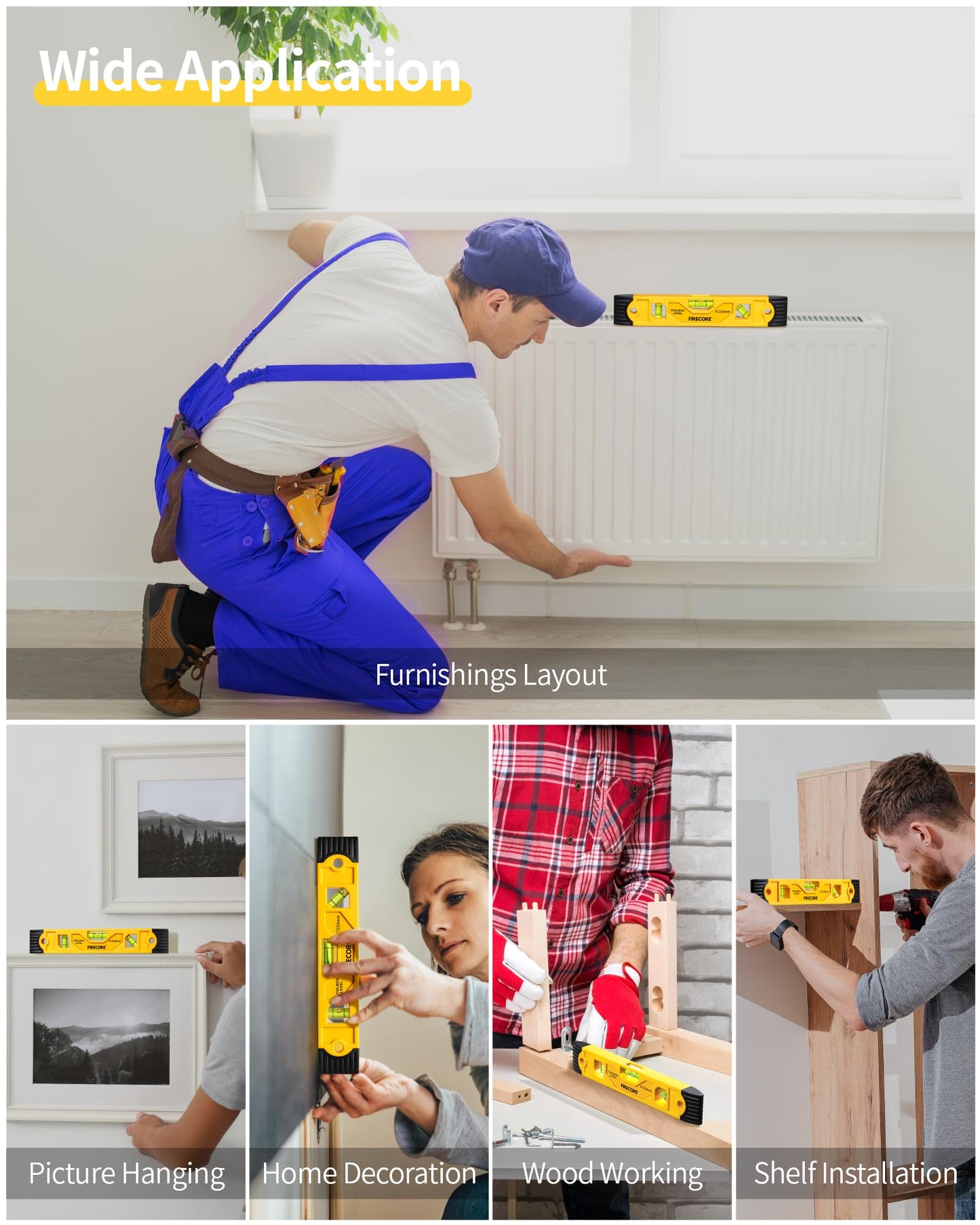 Torpedo Level Magnetic, Firecore 9 Inch Shockproof Small Leveler Tool with 3 Bubble Spirit Level 45 90 180 Degree, Construction Levelers for Hanging Pictures Install Shelf Home Renovation