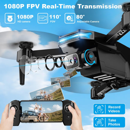 Drone with 1080P Camera - Foldable Remote Control Quadcopter with Voice Gesture Control, 3D Flip, One Key Start, Emergency Stop, 2 Batteries, Easier to use, Toy for Adults Beginners, Black