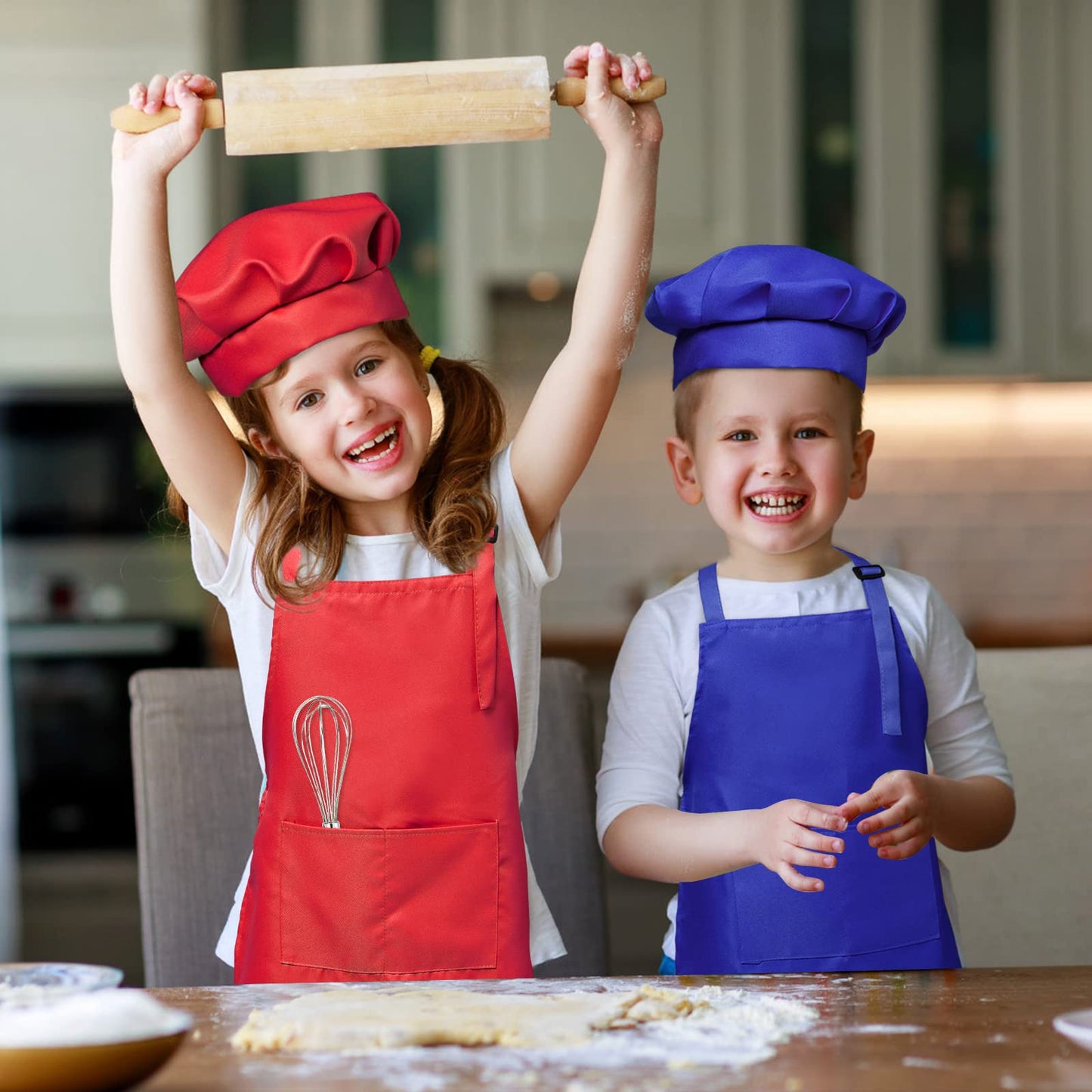 yarachel Kids Apron and Chef Hat Set - 8 Pieces Waterproof and Adjustable Child Aprons with Pockets Kitchen Bib Aprons for Boys and Girls Kitchen Cooking Baking Painting (Medium, Color 2)