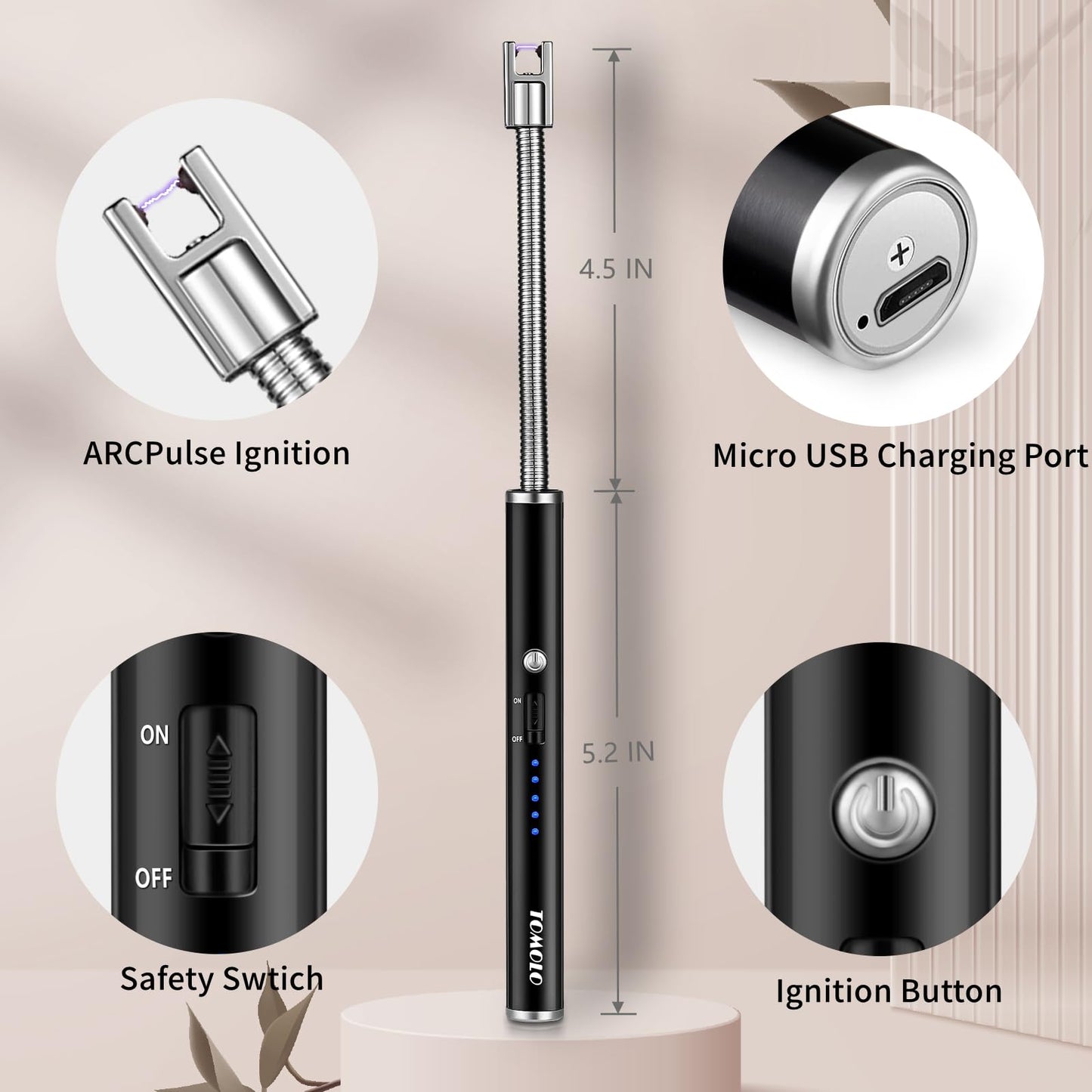 TOMOLO 2 Pack Electric Candle Lighter USB Rechargeable Flameless Windproof Arc Lighter with Flexible Neck, Safety Switch for Candle, Grill, BBQ, Camping & Kitchen (Black&Silver)