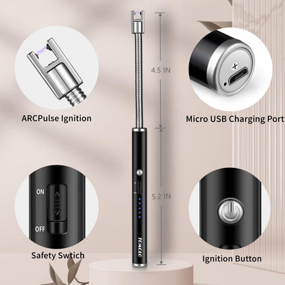 TOMOLO 2 Pack Electric Candle Lighter USB Rechargeable Flameless Windproof Arc Lighter with Flexible Neck, Safety Switch for Candle, Grill, BBQ, Camping & Kitchen (Black&Silver)