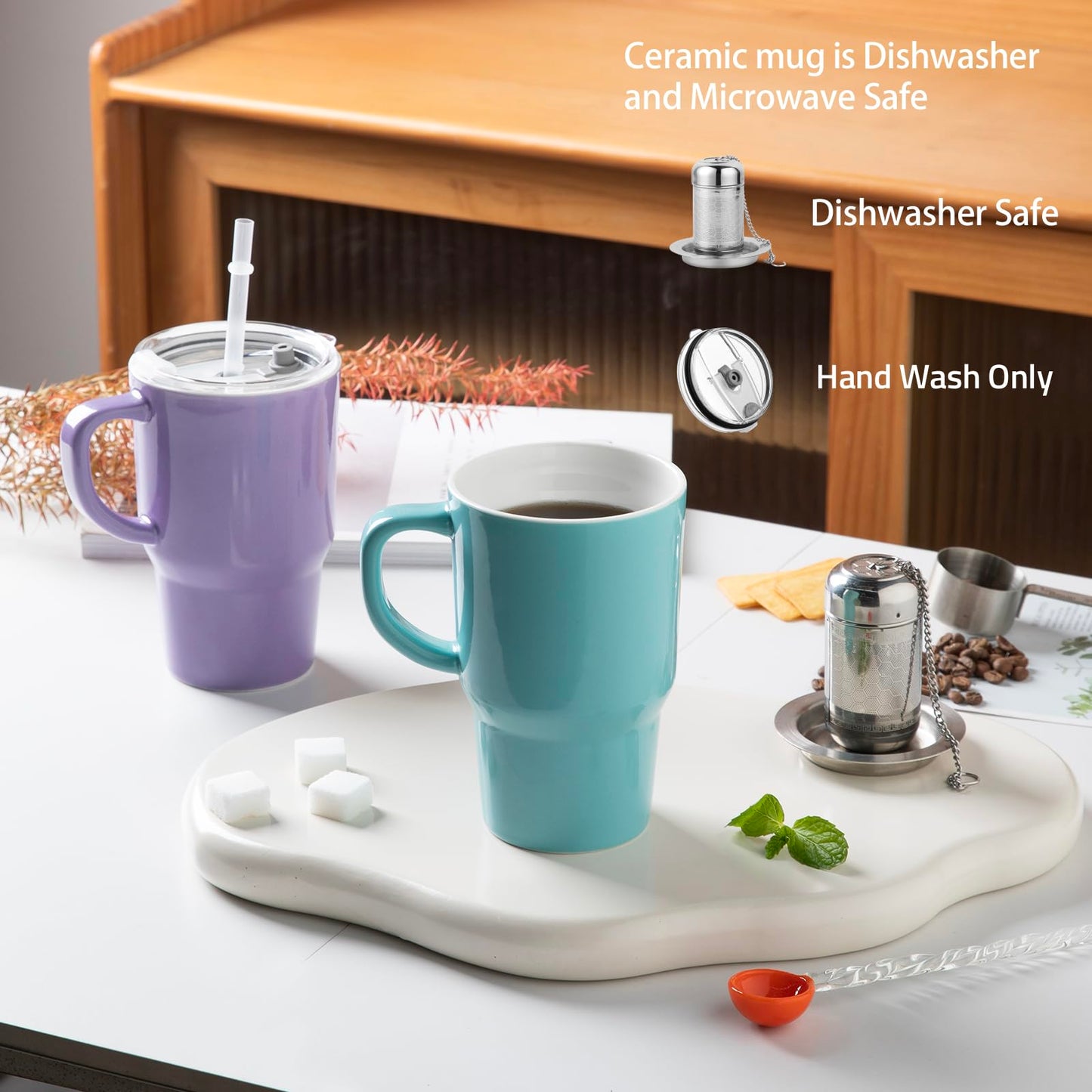 Sweejar Ceramic Travel Mug with Lid, 16 oz Portable Coffee Mug, Dishwasher Safe Tea Cup with Infuser, Reusable Teacup for Car Cup Holder, Tea Lovers(Turquoise)