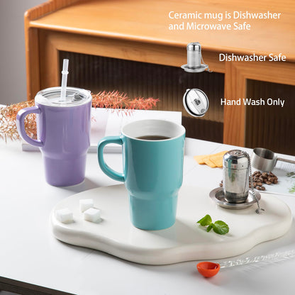 Sweejar Ceramic Travel Mug with Lid, 16 oz Portable Coffee Mug, Dishwasher Safe Tea Cup with Infuser, Reusable Teacup for Car Cup Holder, Tea Lovers(Turquoise)