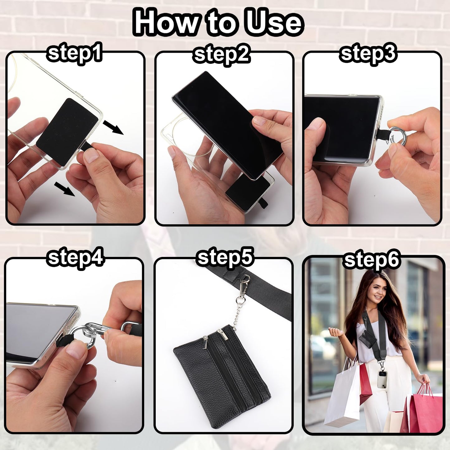 XANGNIER Clip and Go Strap for Phone with Wallet Crossbody, Phone Strap with Zippered Wallet, Adjustable Anti Theft Cellphone Lanyard for Women, Cellphone Chain Accessories, Black