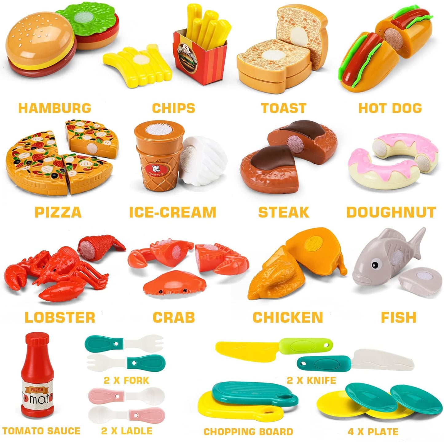 42 Items 87 Pcs Cutting Play Kitchen Set for Kids, Pretend Cooking Fruit &Vegetables&Fast Food with Storage Basket, Fake Food Toys for Toddler&Baby, Educational Gift for Girls Boys Children Birthday