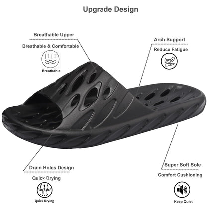 FINLEOO Shower Sandal Slippers with Drainage Holes Quick Drying Bathroom Gym Shower Shoes Soft Sole Open Toe House Slippers for Men and Women,Black 40.41
