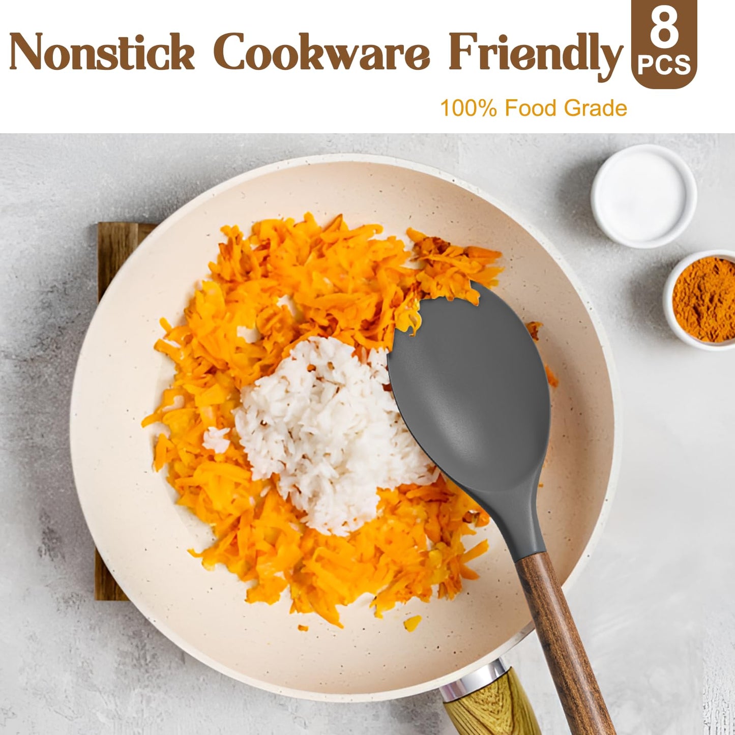 Umite Chef Silicone Cooking Utensil Set, 8-Piece Kitchen Utensils Set with Natural Acacia Wooden Handles,Food-Grade-Silicone Kitchen Gadgets and Spatula Set for Nonstick Cookware - Grey