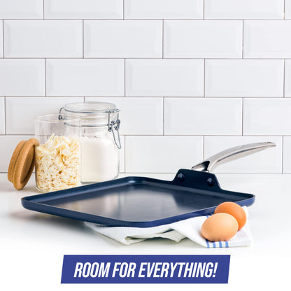 Blue Diamond 11" Nonstick Square Griddle Pan, Non Toxic PFAS-Free Diamond Ceramic, Dishwasher & Oven Safe, Even Heating, Metal Utensil Safe, Warp Control, Blue