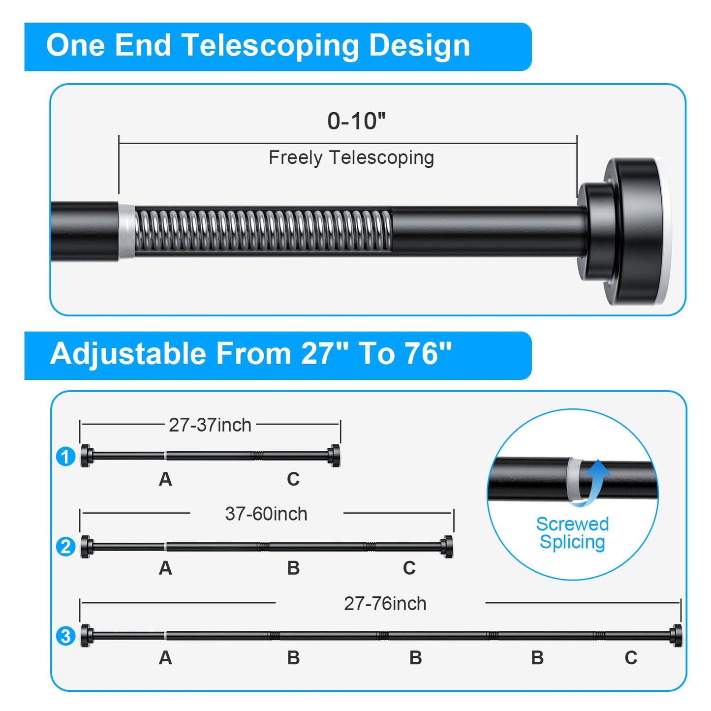 TEECK Shower Curtain Rod, 27-76 inch Adjustable Spring Tension Curtain Rod, Never Rust Anti-Slip Shower Curtain Rod for Bathroom, No Drilling, Never Collapse, Easy to Use, Black