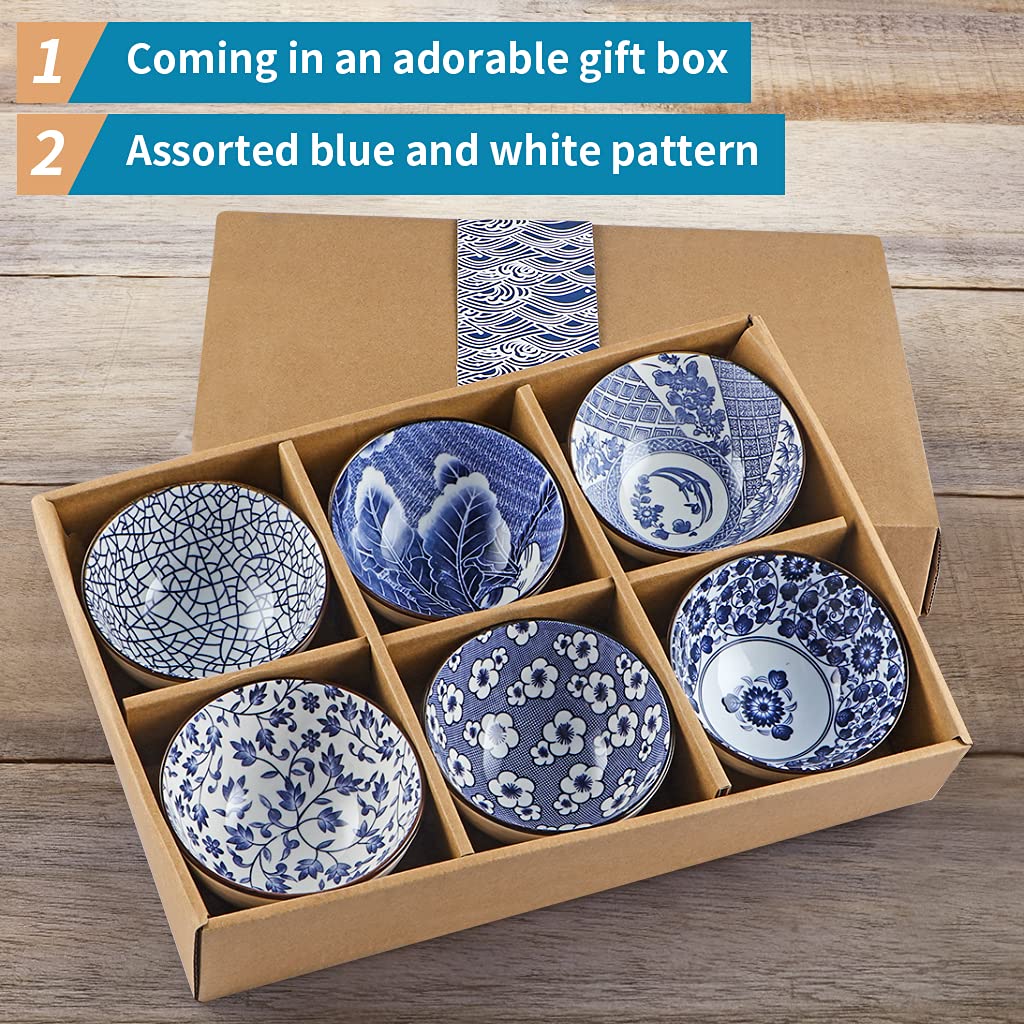 Sanbege Ceramic Rice Bowls 10 oz, Japanese Style Bowl Gift Set, Assorted Dinnerware Serving Bowls for Cereal, Soup, Dessert, Snack, Fruit, Salsa, Pack of 6 (Blue and White)
