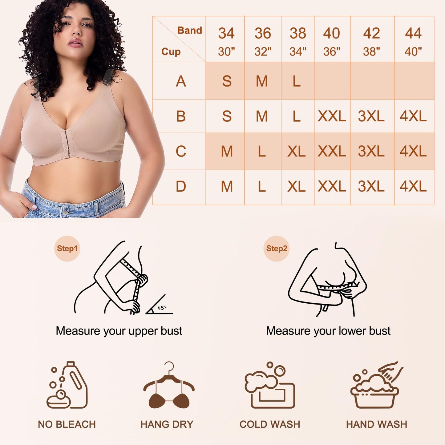 Starmiss Seamless Front Closure Bra for Women Posture Back Smoothing Wireless Brasieres, Beige, XL