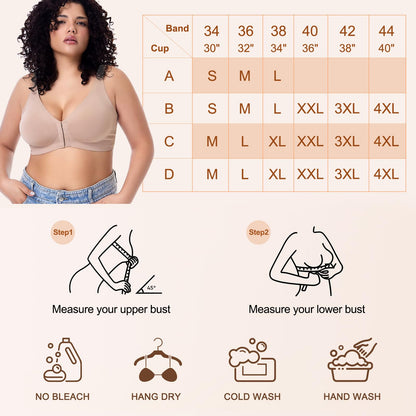 Starmiss Seamless Front Closure Bra for Women Posture Back Smoothing Wireless Brasieres, Beige, XL