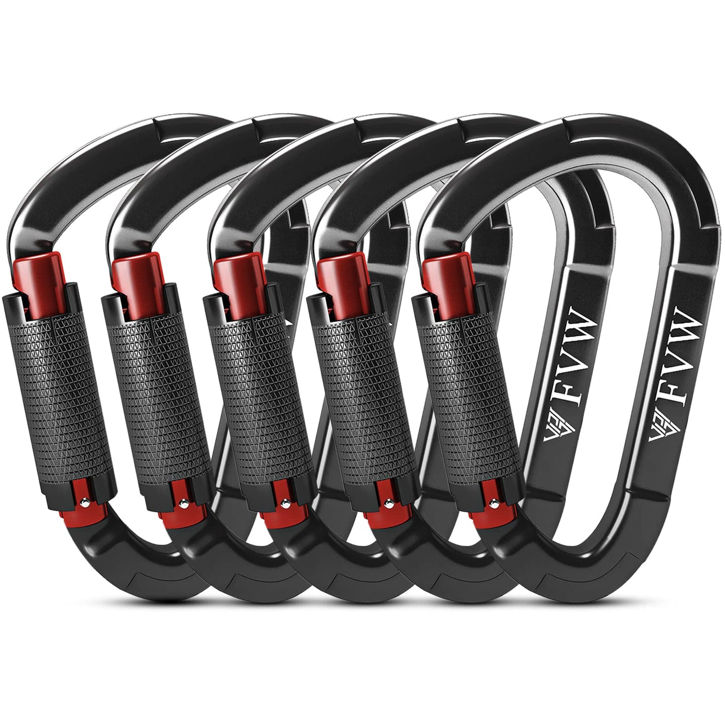 FVW Auto Locking Rock Climbing Carabiner Clips, UIAA Certified Professional 25KN (5620 lbs) Heavy Duty Caribeaners for Rappelling Swing Rescue & Gym etc, Large D-Shaped Carabiners, (Black) 5 Pack
