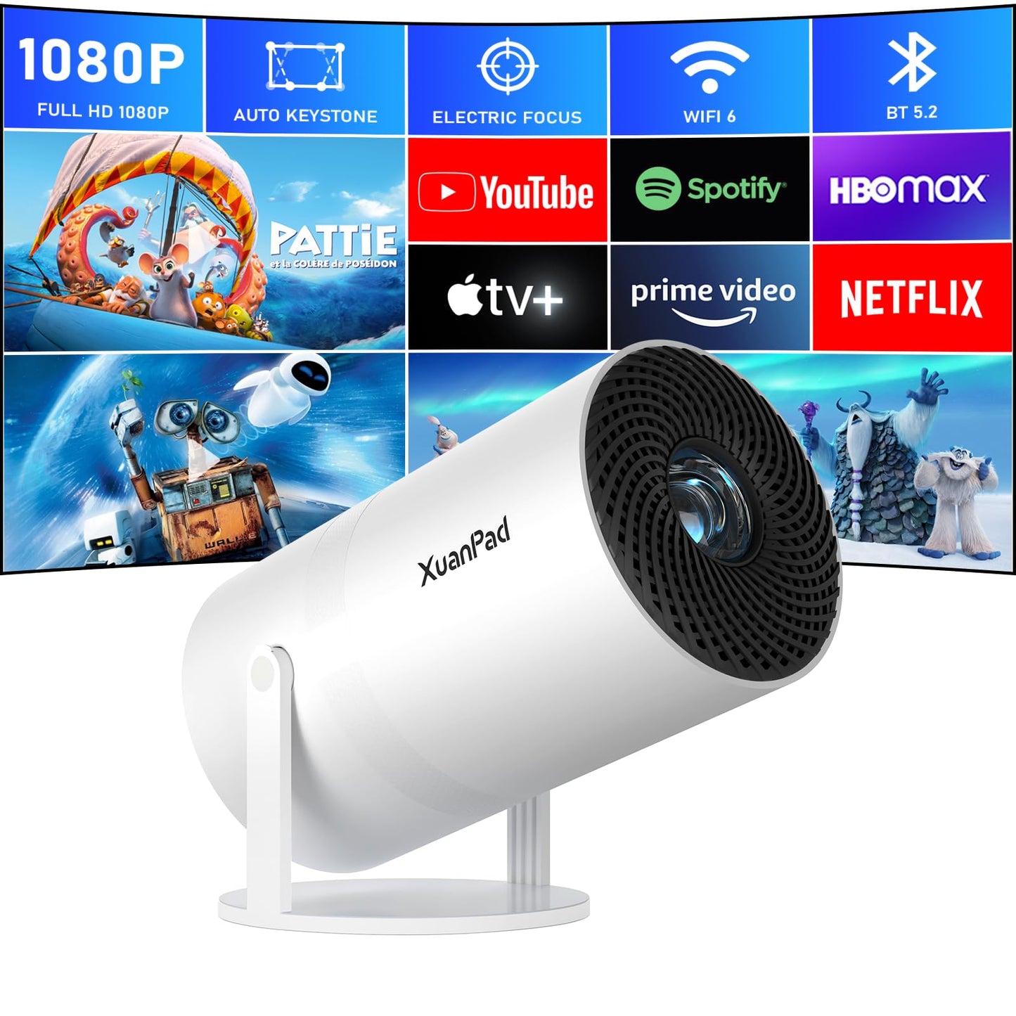 [Official Netflix & Electric Focus] Projector with WiFi and Bluetooth, XuanPad Full HD 1080P Portable Projector, 210° Rotatable Stand, Auto Keystone, Dust Removal and Heat Dissipation Design