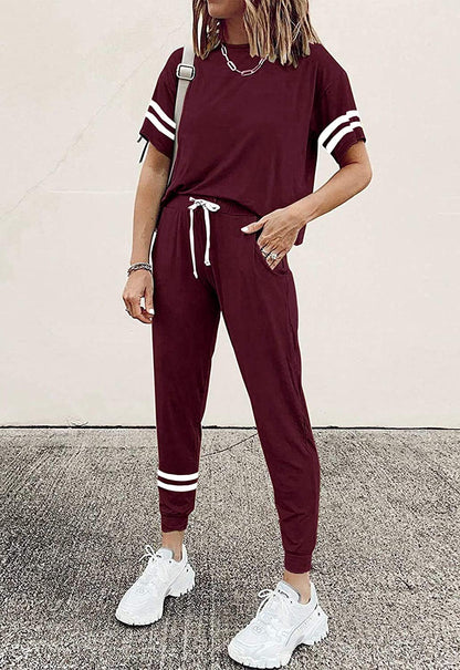 PRETTYGARDEN Women Summer Two Piece Outfits Striped Short Sleeve Pullover and Long Pants Tracksuit Travel Pajama Lounge Set (Wine Red,Small)