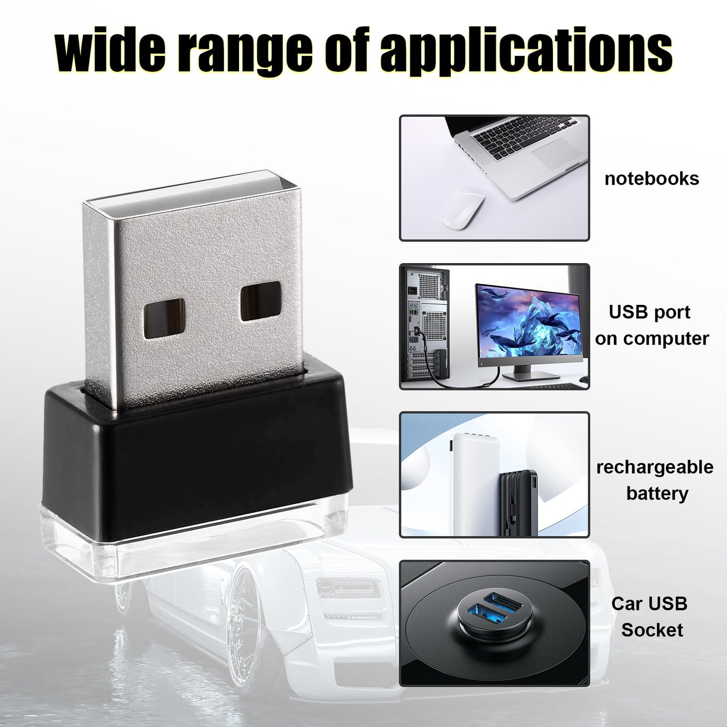 Ziciner 4 PCS USB LED Car Interior Atmosphere Lamp, Portable Mini LED Night Light, Plug-in USB Interface Trunk Ambient Lighting Kit, Universal Car Interior Accessories (Green)