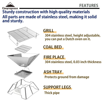 CAMPINGMOON Stainless Steel Foldable Camping Grills Portable Wood Burning Charcoal Grill 14-inch with Carrying Bag MT-2