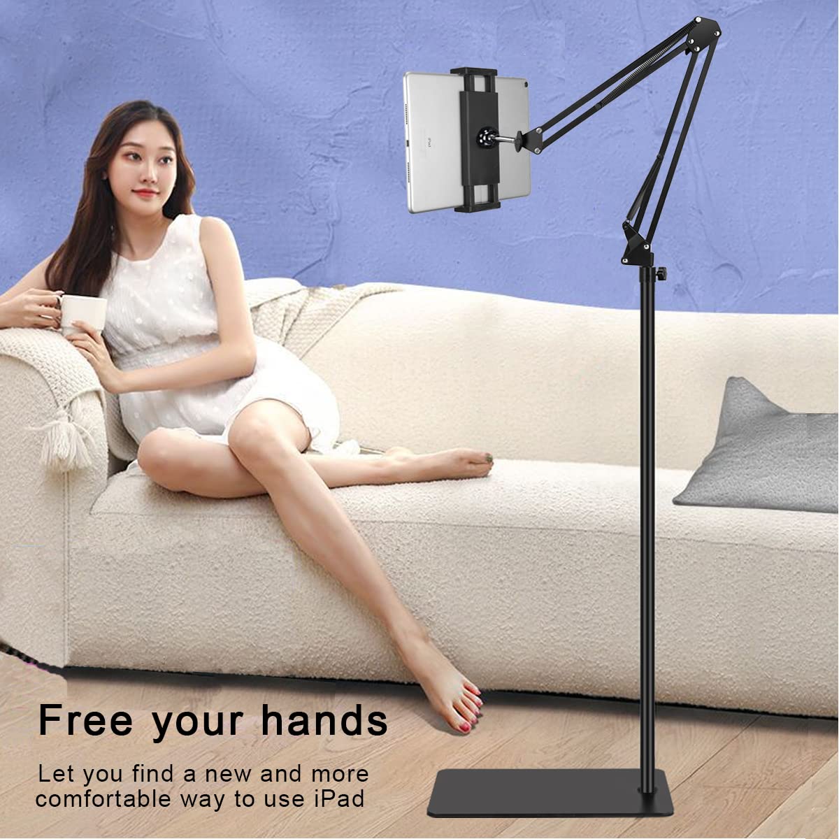 Tablet Floor Stand with Heavy Duty Base, Overhead Bed phone Stand Angle Height Adjustable Arm Stretchable Stand Holder, Compatible with iPad Mini Air Pro, Galaxy Tab, Kindle, E-Readers,Cell Phones