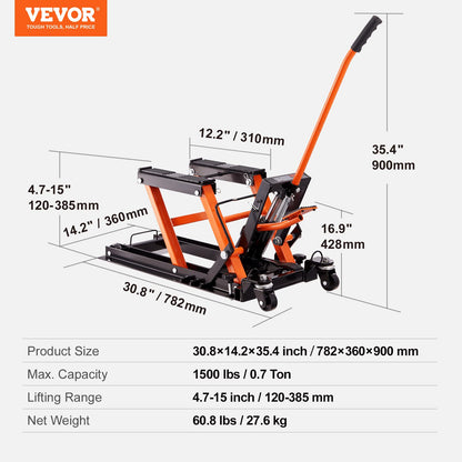 VEVOR Hydraulic Motorcycle Lift Jack 1500 LBS Capacity ATV Scissor Lift Jack Portable Motorcycle Lift Table with 4 Wheels Hydraulic Foot-Operated Hoist Stand for Motorcycle ATV UTV Powersports