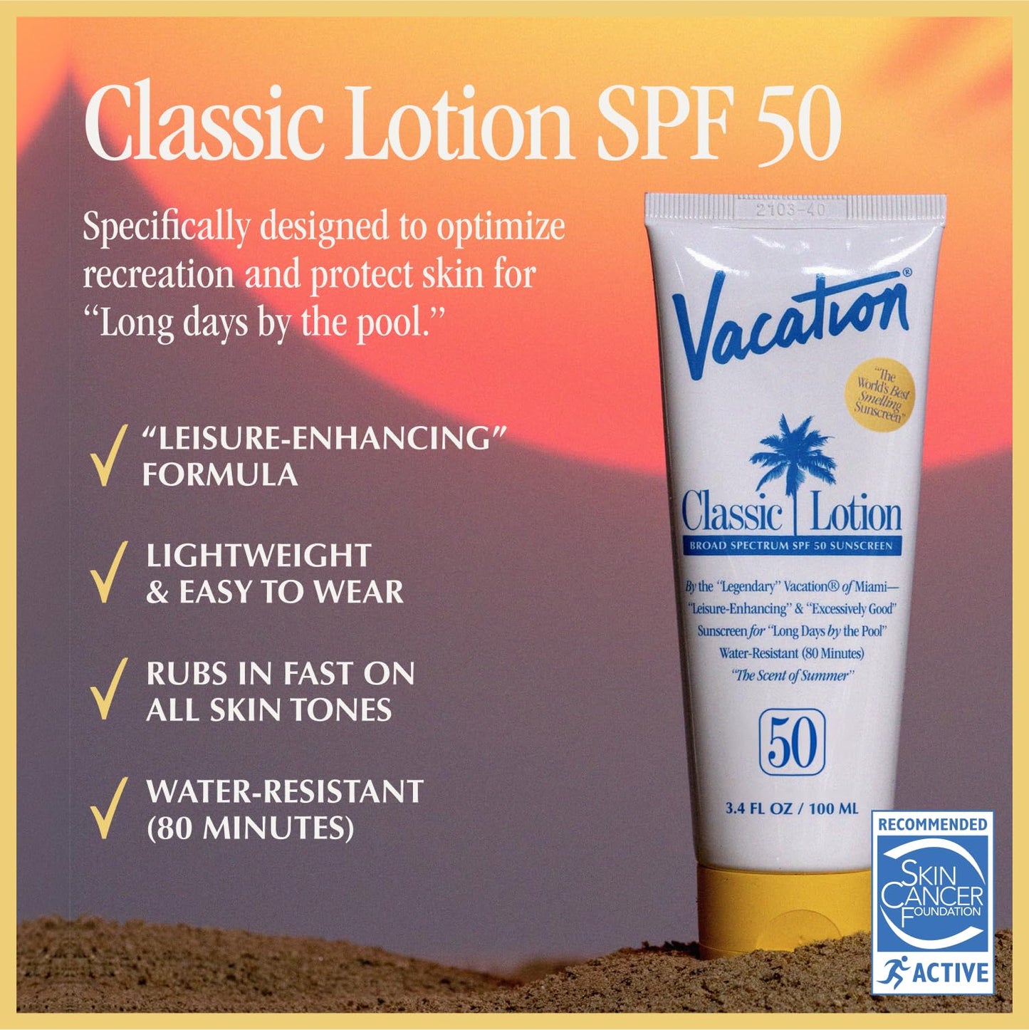 Vacation Classic Sunscreen Lotion SPF 50, Water-Resistant, Lightweight, Transparent on All Skin Tones, Dermatologist-Tested, Vegan, Travel Size, 3.4 Fl. Oz. (Value Pack of 3)