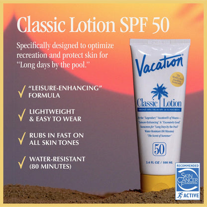 Vacation Classic Sunscreen Lotion SPF 50, Water-Resistant, Lightweight, Transparent on All Skin Tones, Dermatologist-Tested, Vegan, Travel Size, 3.4 Fl. Oz. (Value Pack of 3)