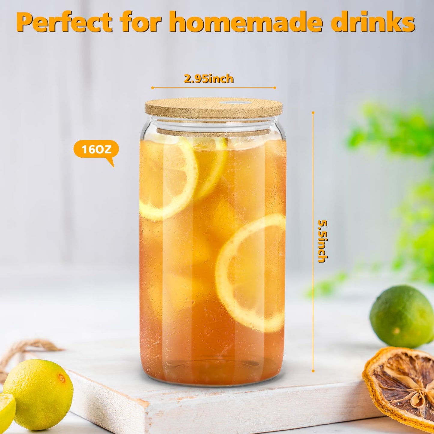 sungwoo 4PCS Glass Cups with Bamboo Lids and Straws, 16OZ Ice Coffee Cup, Drinking Cup set with Wooden Lids, Home Essential Glass Tumblers for Beer, Cocktail, Tea and Latte Clear