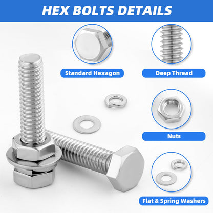 Besitu 252Pcs Hex Bolts and Nuts Assortment Kit, 1/4-20, 5/16-18, 3/8-16 Assorted Bolts Nuts and Washers Kit, 304 Stainless Steel Machine Screw Sets with Case
