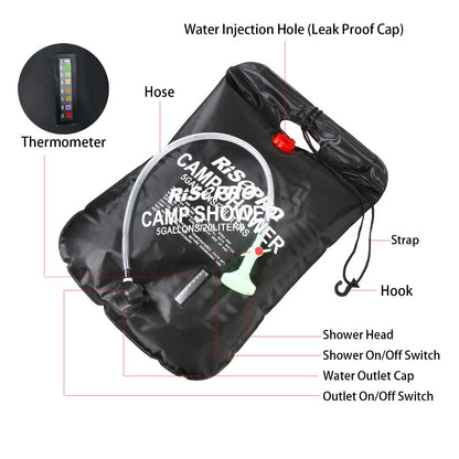 RISEPRO Solar Shower Bag, 5 gallons/20L Solar Heating Camping Shower Bag Temperature Indicator Hot Water 45°C Hiking Climbing C1004