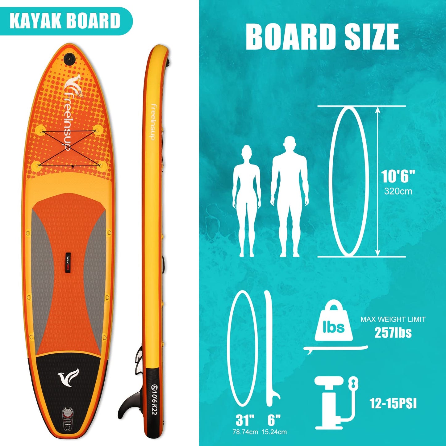 Freein Inflatable Stand Up Paddle Board ，Capacity 2-in-1 SUP/Kayak with Adjustable Seat ，Electric Pump Adapter ，Non-Slip Diamond Deck & Travel Backpack ，for Adults/Fishing/Yoga（Yellow,10'6"