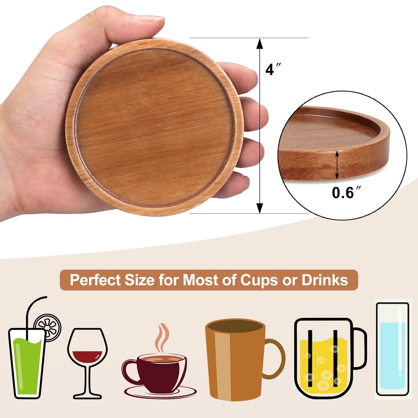 6 Pcs Best Wooden Coasters with Holder Coffee Table Decor Acacia Wood Coaster Set Modern Cup Coaster for Drink Home Dining Table Kitchen Accessories Cute Beer Bar Decorative Rustic Outdoor Coasters