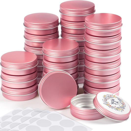 2 oz Metal Round Tins Aluminum Tin Cans Salve Tins Containers with Screw Lid 10 Sheets Stickers for Salve Spice Candies Balms Candles, 36 Pack (Pink)