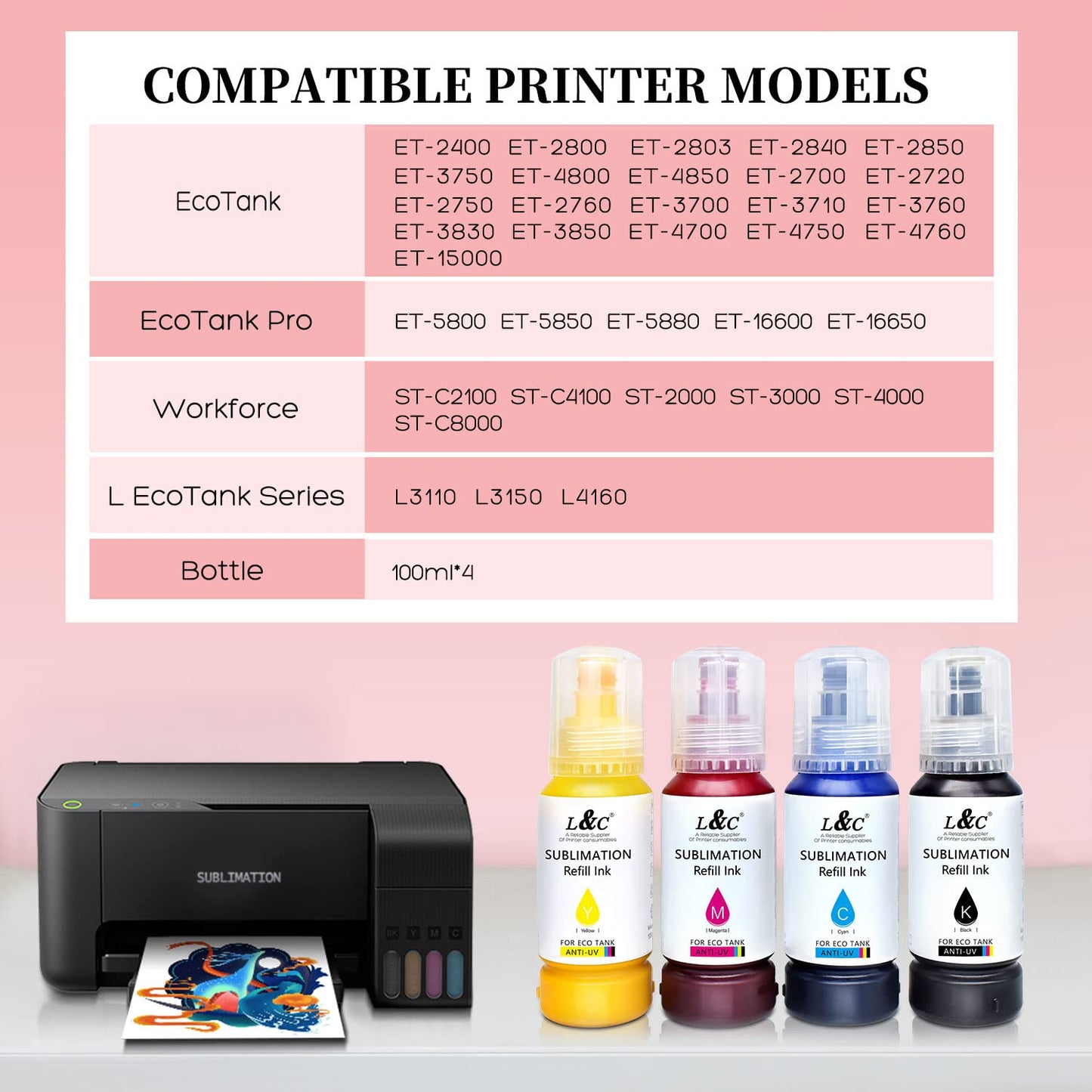 Sublimation Ink for Epson ET-2720 ET-2800 ET-2803 ET-4800 ET-2760 ET-2850 ET-4760 ET-4800 ET-3760 Sublimation Ink 522 Refilled Bottles Inkjet Printers for Heat Transfer Mug T Shirts (4x100ML)