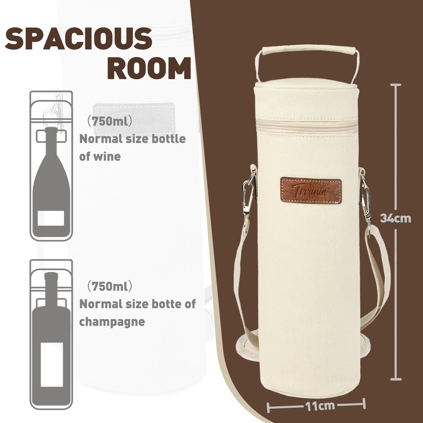 Tirrinia Single Wine Cooler Bags - Insulated & Padded Portable Wine Gift Tote Carrier for Travel, BYOB Restaurant, Wine Tasting, Party, Great Gift for Wine Lover, Beige