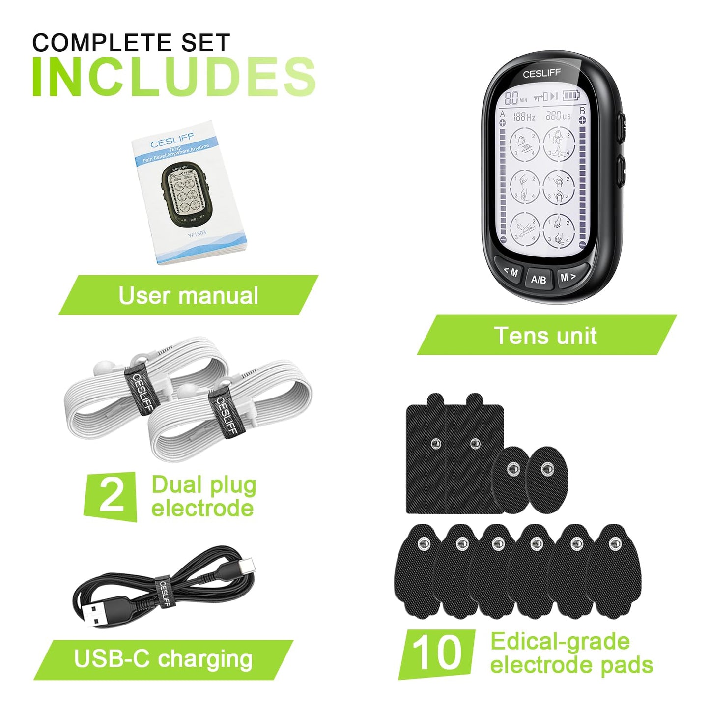 Dual Channel TENS EMS Unit 24 Modes 36 Levels, Upgraded Large Screen Intensity Muscle Stimulator for Back Neck Shoulder Pain Relief, Rechargeable Electric Pulse Massager TENS Machine with 10 Pads