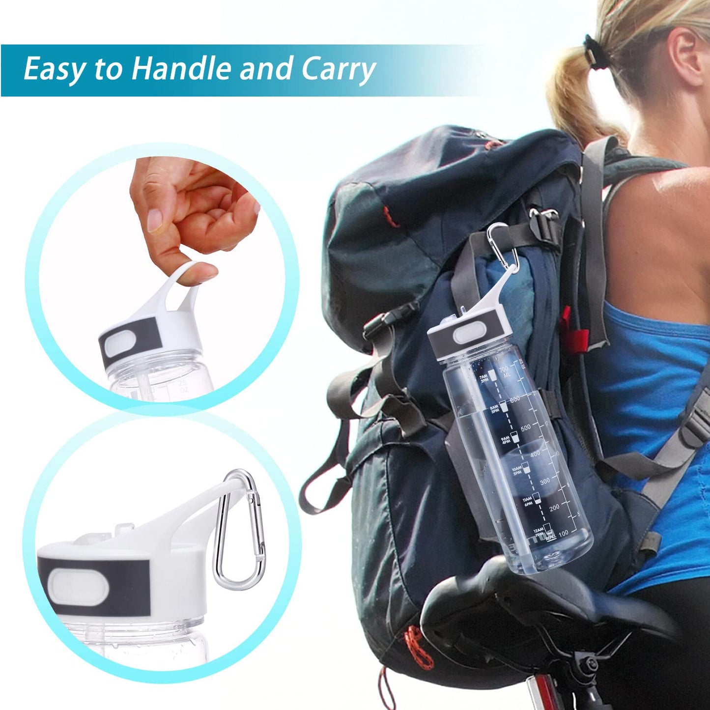 Sports Water Bottle with Straw & Handle, BPA-Free Water Bottle with Motivational Marker Reminder Leakproof 27oz 800ml High Capacity Drinking Bottle for Athletic, Running, Outdoor Activity