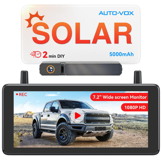 AUTO-VOX 7.2" DVR Portable Solar Wireless Backup Camera:HD 1080P 2 Min Quick Installation Support 2 Split Screen Back up Camera, IP69K Waterproof Reverse Camera for Car, Van, SUV, Truck, Trailer
